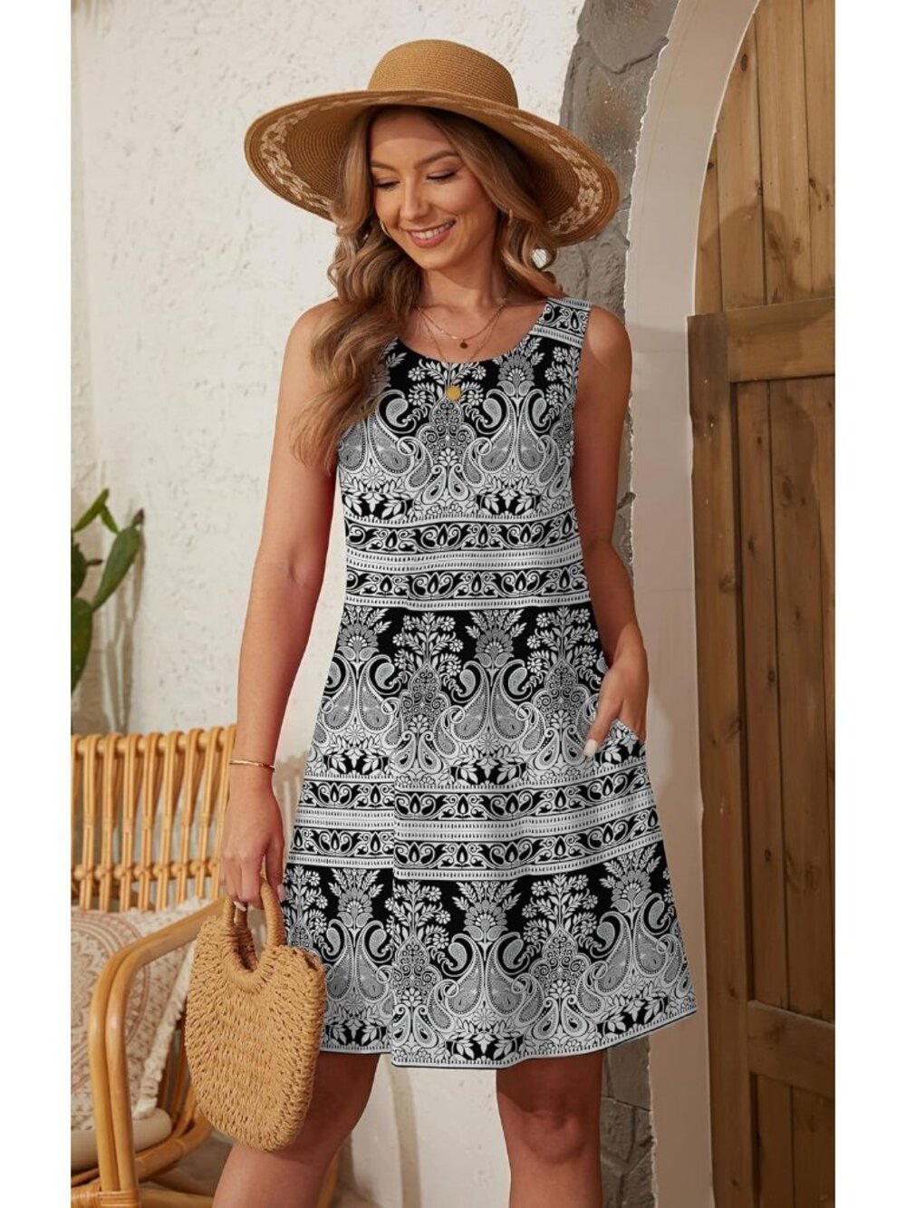 Women's Black Print Casual Summer tank d Tank Round Neck Knee Length Mini Dress - Picture 3 of 6